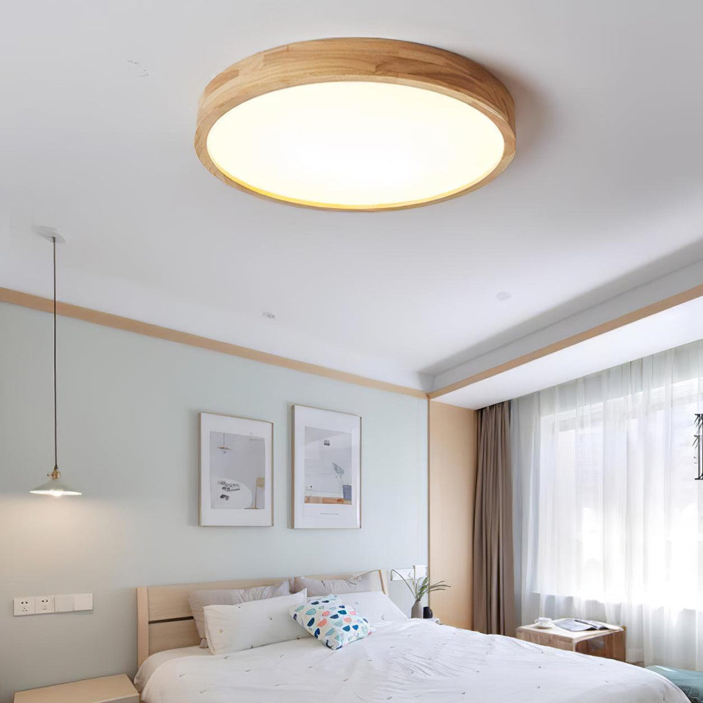 Wooden geometric ceiling light with diffused white light