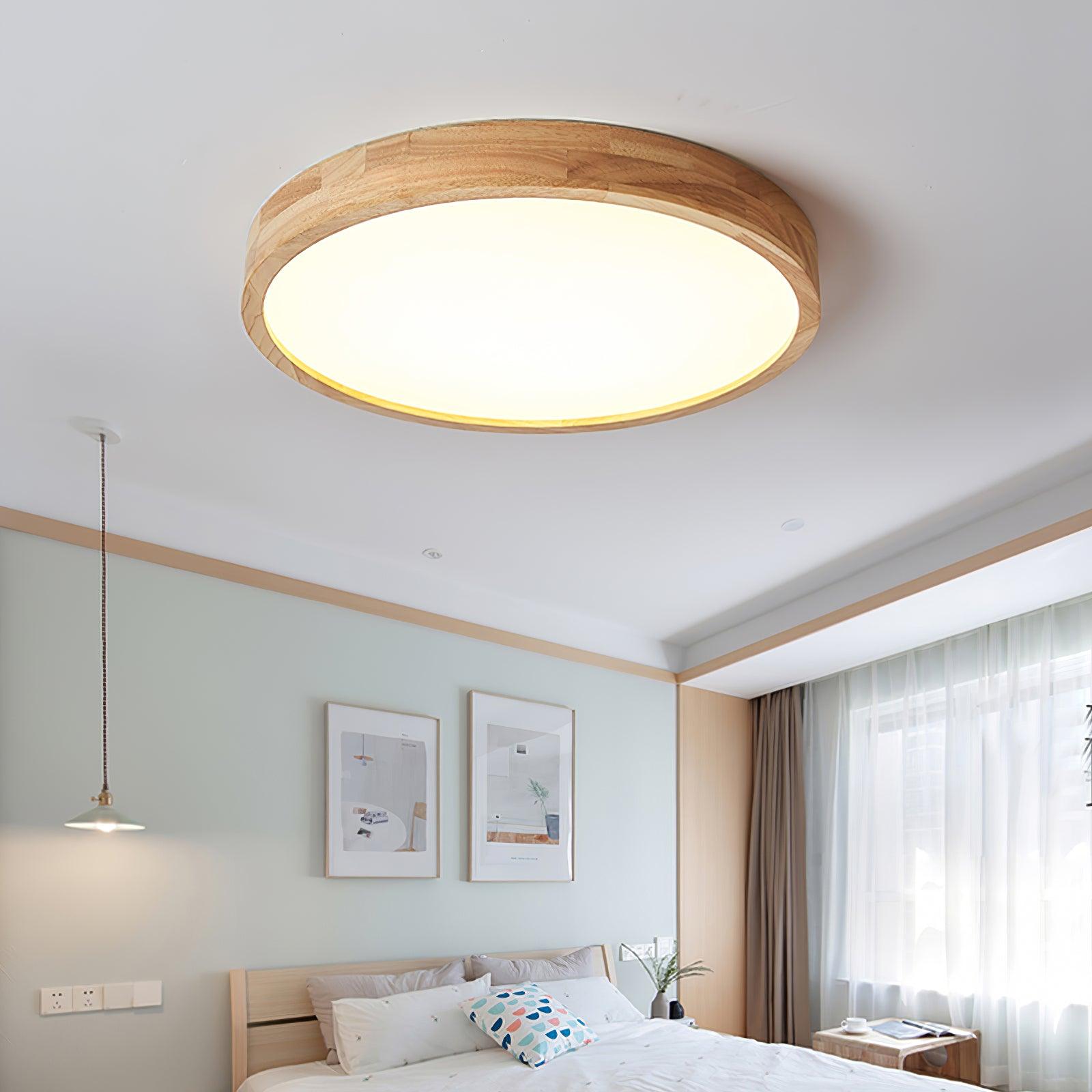 Loftlampe, naturligt gummitræ, slank indbygget montering, integreret LED