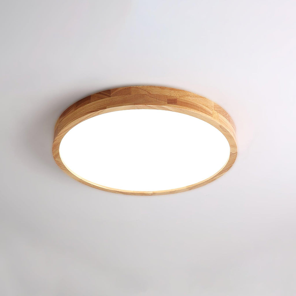 Slim rubberwood ceiling light mounted flush to a ceiling
