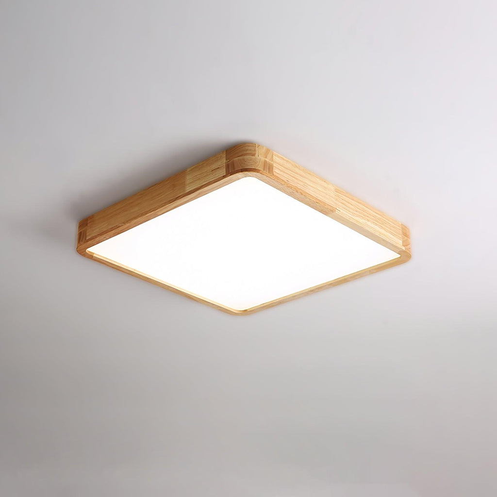 Wooden geometric ceiling light lit warm white