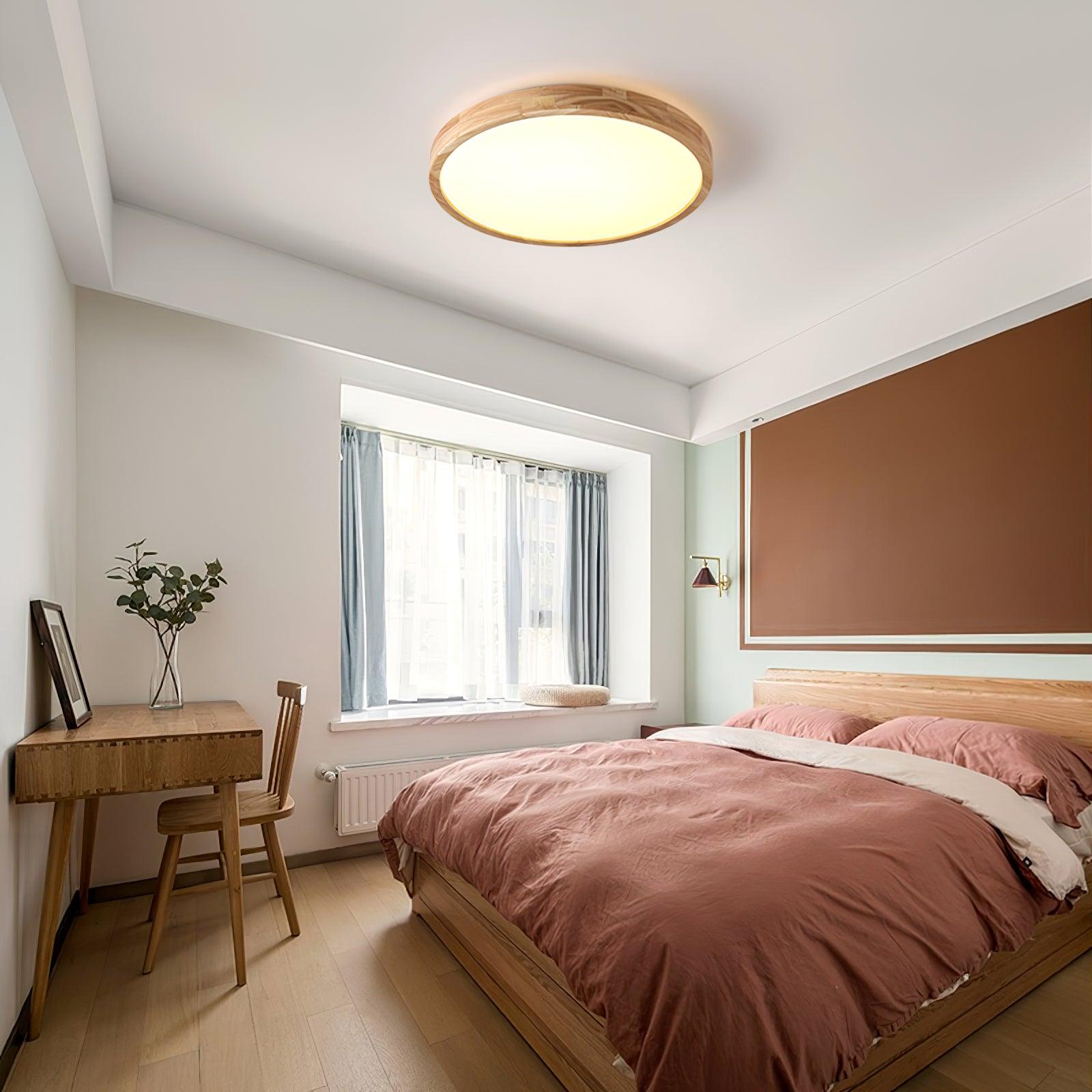 Loftlampe, naturligt gummitræ, slank indbygget montering, integreret LED