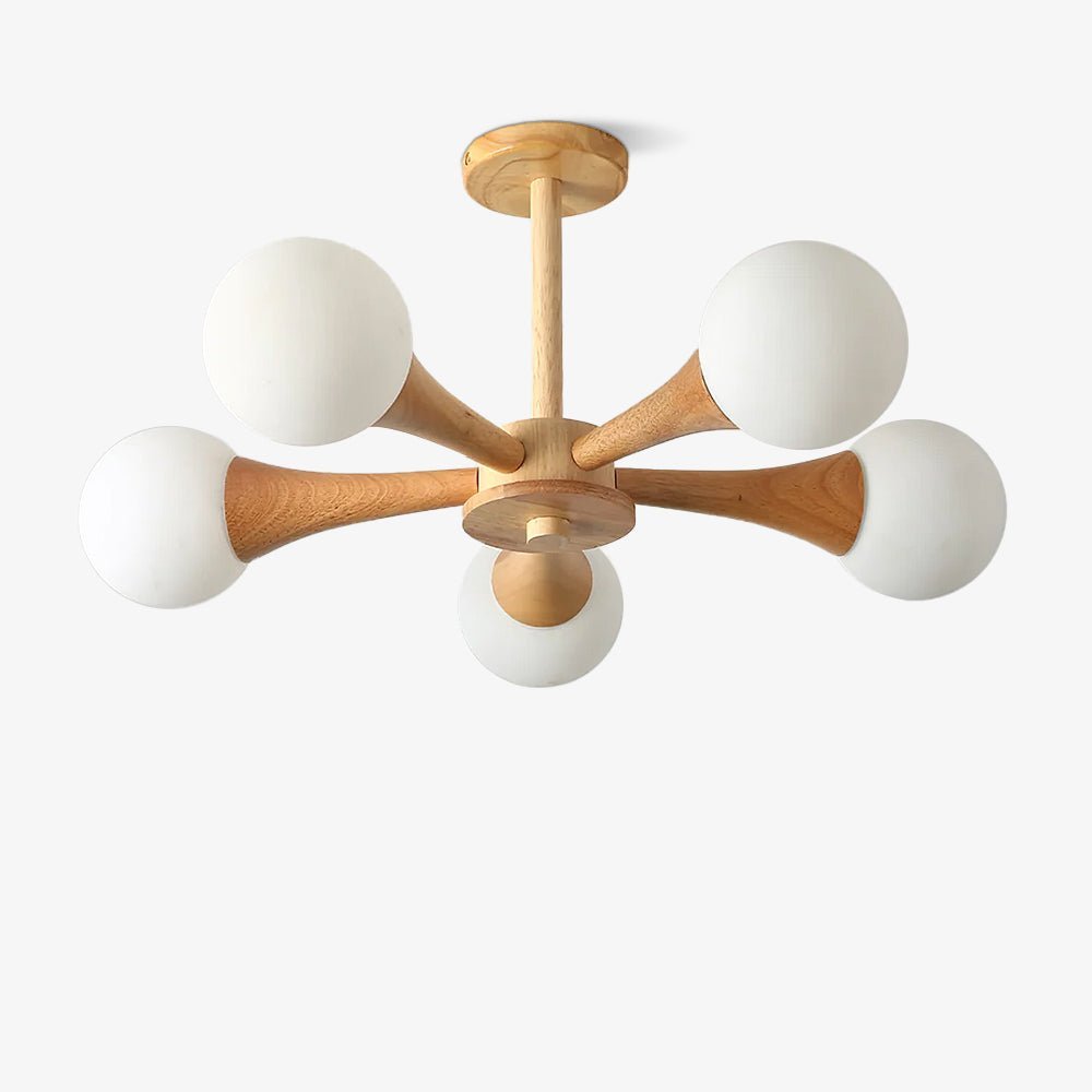 Photographed front-on and cropped close, this Clérachic chandelier's five opal glass globes sit symmetrically on their pale wood arms.