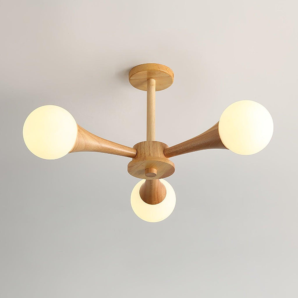 Viewed from below on a plain backdrop, this Clérachic chandelier's five opal globes sit unlit on their pale wood arms.