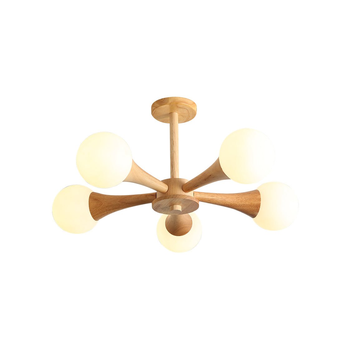 Cropped closer on a plain white background, this Clérachic chandelier's pale wood arms and opal globes are shown unlit from another angle.