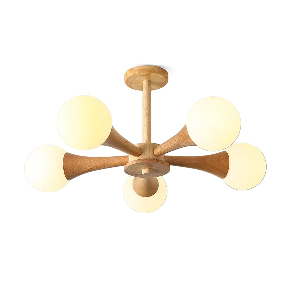 On a plain white background, this Clérachic chandelier displays its pale wood arms and five opal glass globes unlit, seen at an angle.
