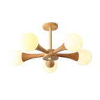 On a plain white background, this Clérachic chandelier displays its pale wood arms and five opal glass globes unlit, seen at an angle.