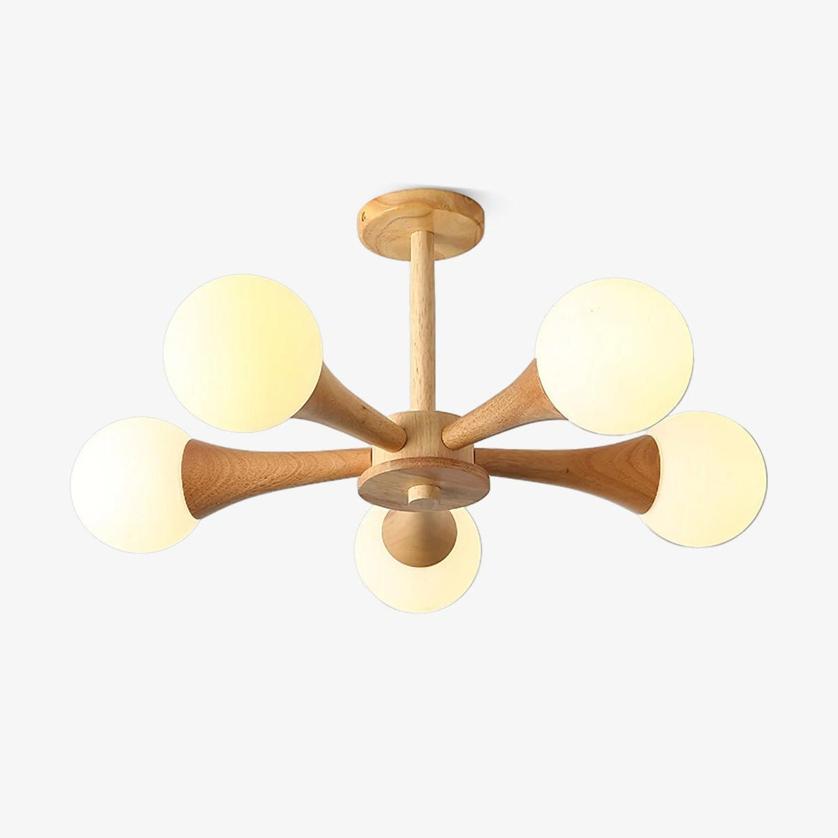 Photographed on a plain grey background, this Clérachic chandelier shows its pale wood arms and five opal glass globes, one lit softly at the centre.