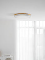 Circular wood ceiling lamp with natural wood tone over a seating area