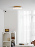 Circular wood ceiling lamp glowing above a study desk