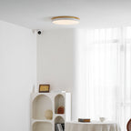 Circular wood ceiling lamp lit warmly in an evening bedroom