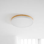 Circular wood ceiling lamp in a calm space with diffused lighting