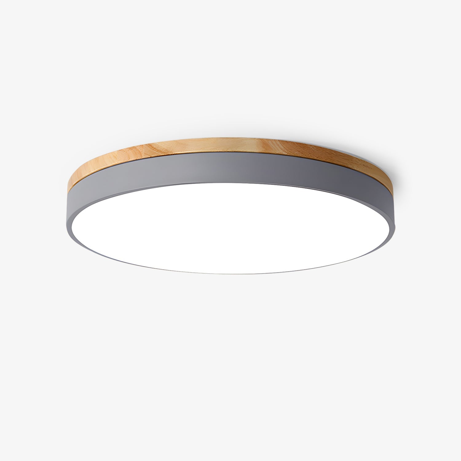 Circular wood ceiling lamp shown flush against a bedroom ceiling