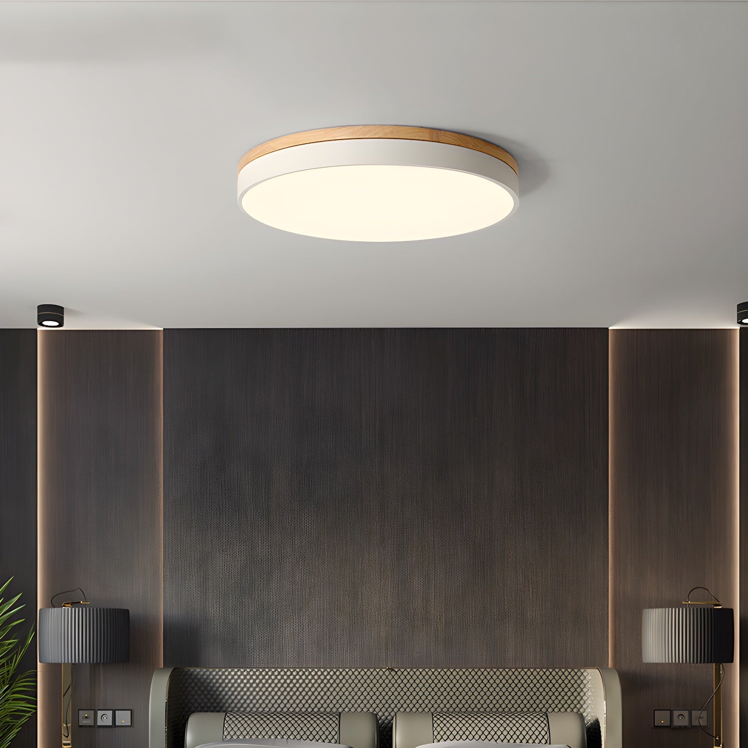 Circular wood ceiling lamp with warm wood grain detail in daylight