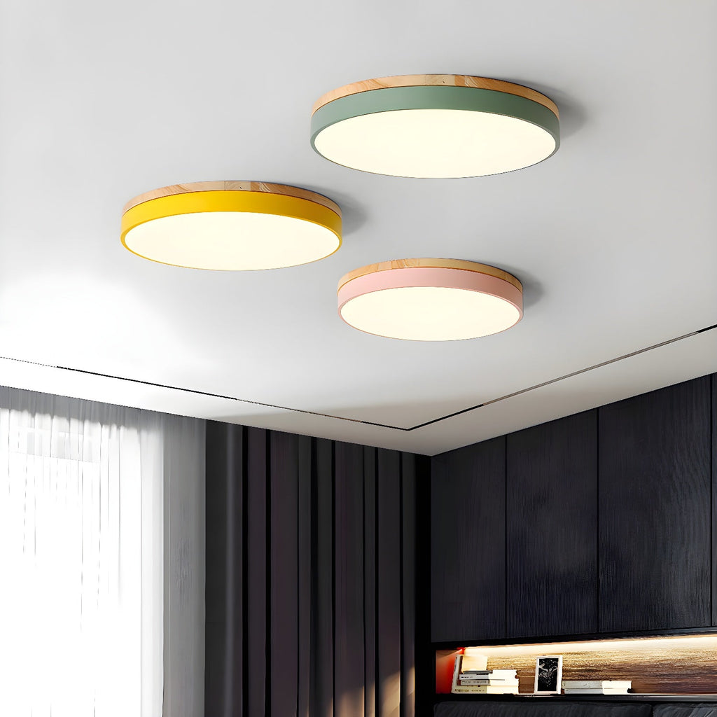 Circular wood ceiling lamp viewed straight on showing its round form