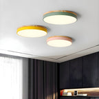 Circular wood ceiling lamp viewed straight on showing its round form