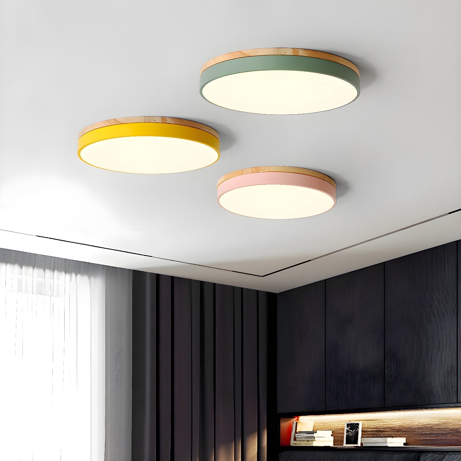 Circular wood ceiling lamp viewed straight on showing its round form