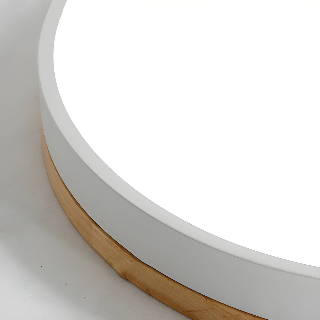 Circular wood ceiling lamp detail showing matte frame and wood accent