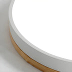 Circular wood ceiling lamp detail showing matte frame and wood accent