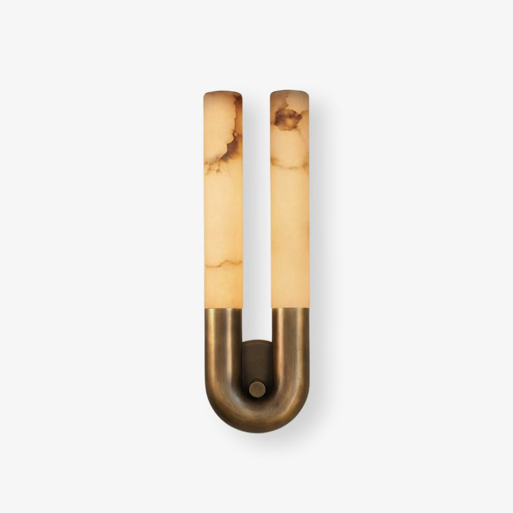 Front view of the Arch wall sconce on a plain white background, bronze U-bend and veined alabaster tubes