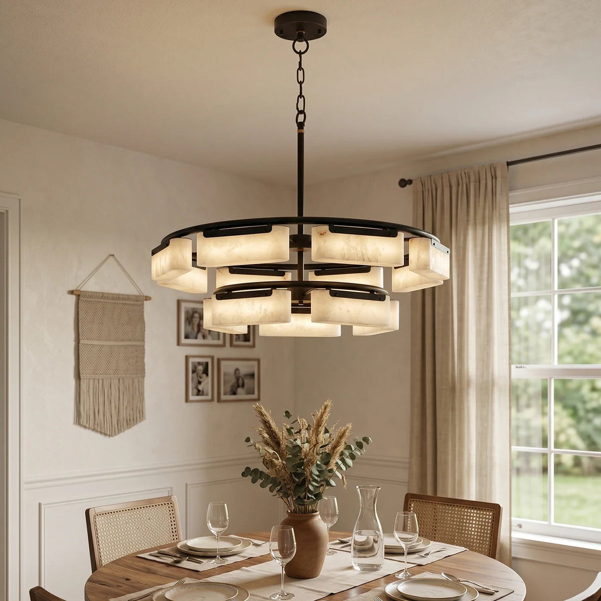 To-lags ringlysekrone til spisebord, alabast, 85 cm