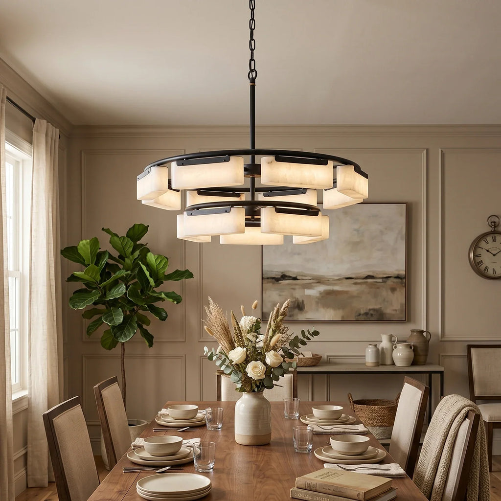 To-lags ringlysekrone til spisebord, alabast, 85 cm