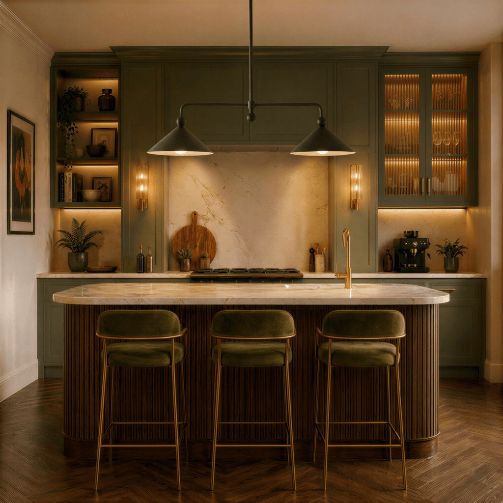 Clérachic chandelier in matte black hung above a marble kitchen island with olive green cabinetry.