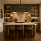 Clérachic chandelier in matte black hung above a marble kitchen island with olive green cabinetry.