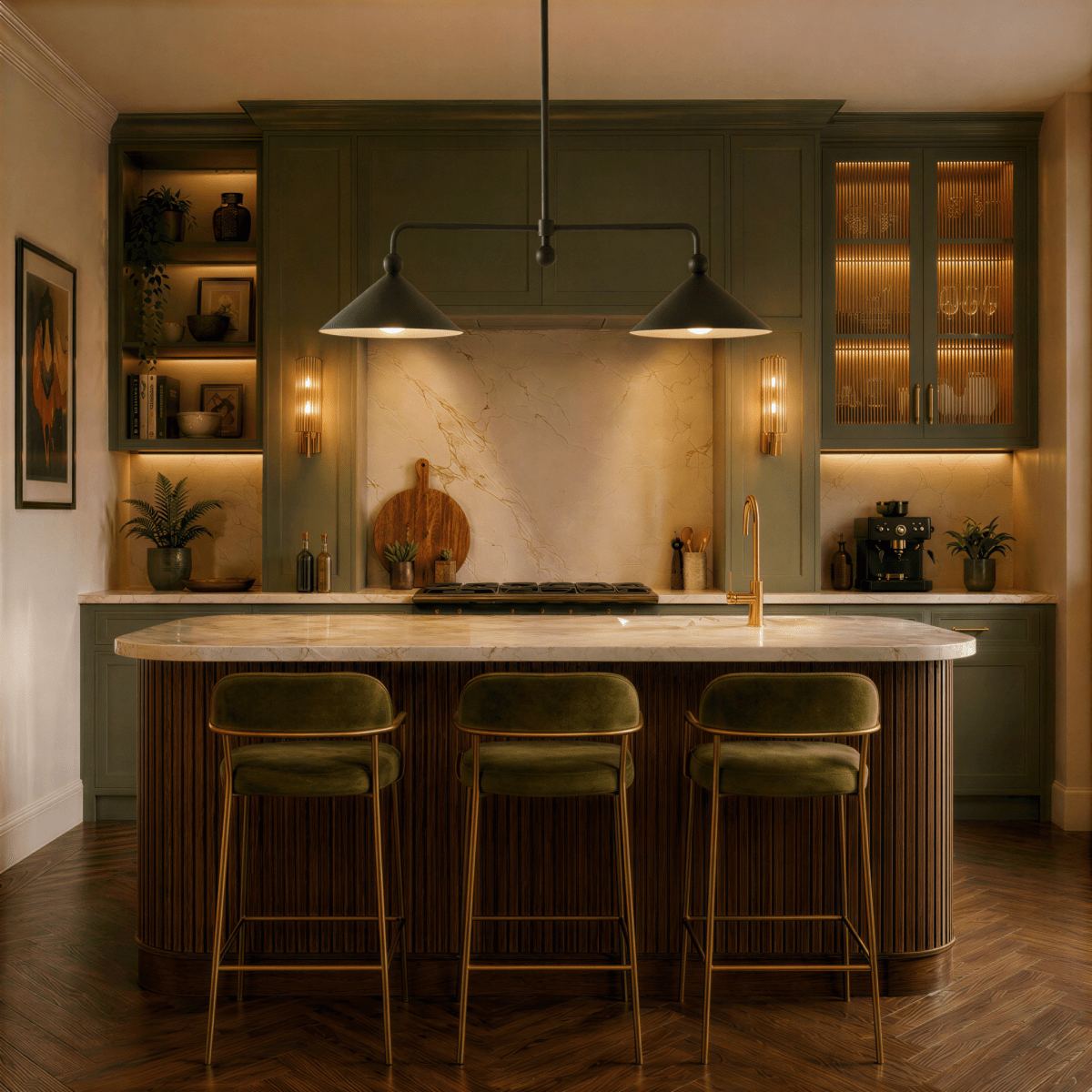 Clérachic chandelier in matte black hung above a marble kitchen island with olive green cabinetry.
