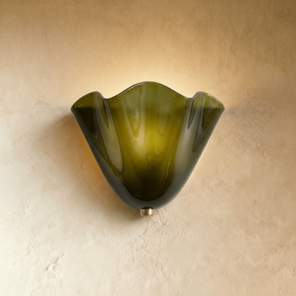 Clérachic folded glass wall light, a sheet of coloured glass shaped into a shade