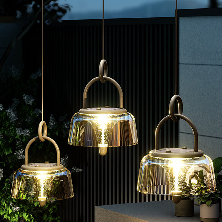 Solar Outdoor Pendant Light With Clear Acrylic Shade, Tri-Color LED