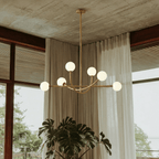 Clérachic six-globe chandelier in a brass-toned finish, lit beneath a board-formed concrete ceiling beside linen and sheer curtains, with a large monstera below.