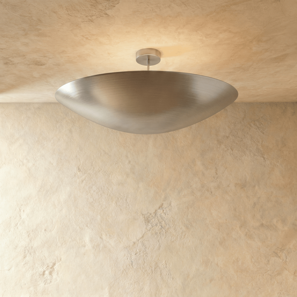 Clérachic ceiling light in a bright chrome finish, its boat-shaped bowl shade set flush against a plaster ceiling.