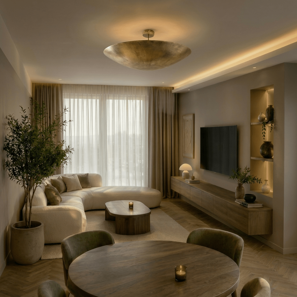 Clérachic vintage brass flush ceiling light glowing above a curved sofa and dining table in an open living room.
