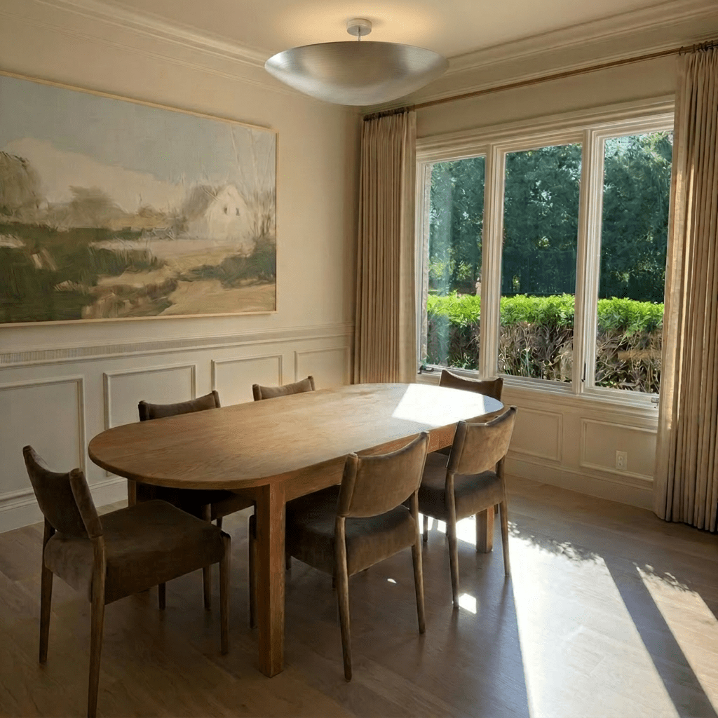 Clérachic chrome flush ceiling light glowing above an oval dining table beside a landscape painting and garden view.
