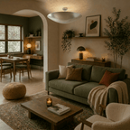 Clérachic chrome flush ceiling light glowing above an olive sofa and archway leading to a small dining nook.