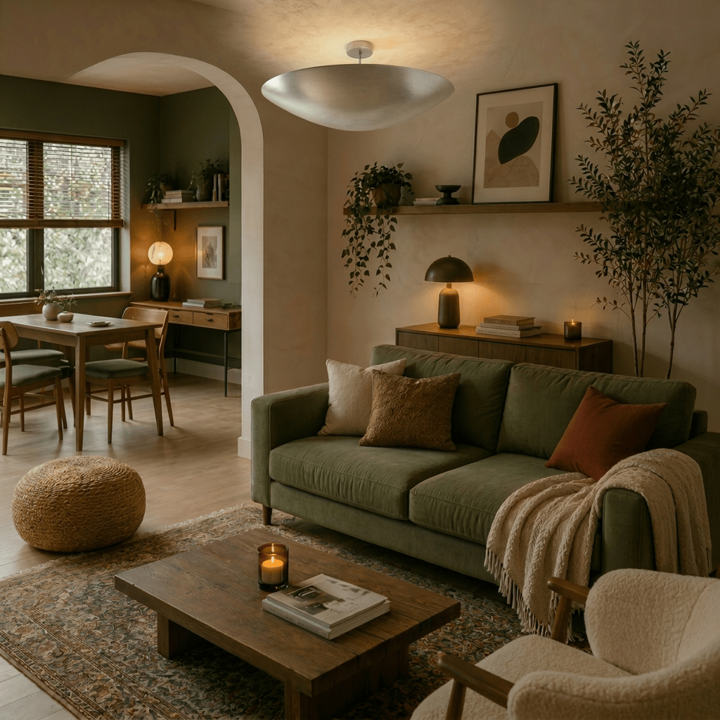 Clérachic chrome flush ceiling light glowing above an olive sofa and archway leading to a small dining nook.