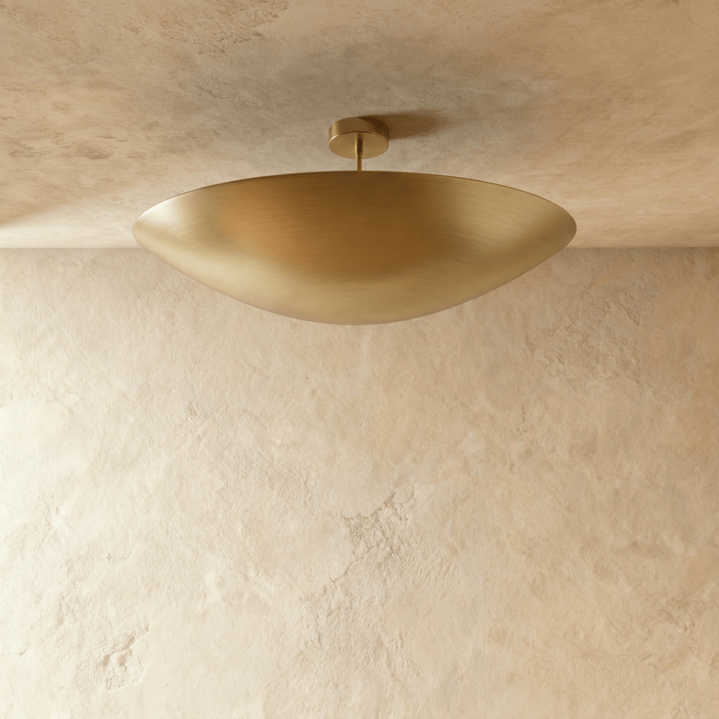 Clérachic ceiling light in polished brass, the elongated bowl shade shown from another angle below the ceiling.