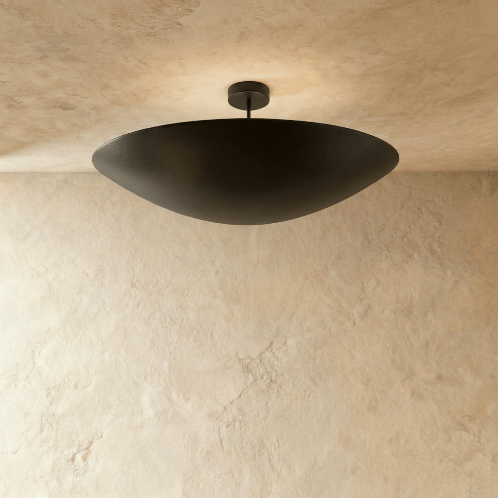 Clérachic ceiling light in matte black, its boat-shaped bowl shade mounted flush below a plaster ceiling.