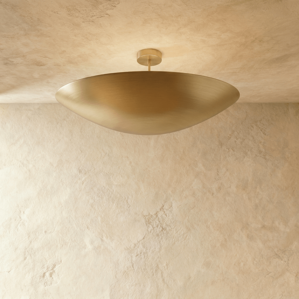 Clérachic ceiling light in a brighter brass finish, its boat-shaped bowl shade set flush against a plaster ceiling.