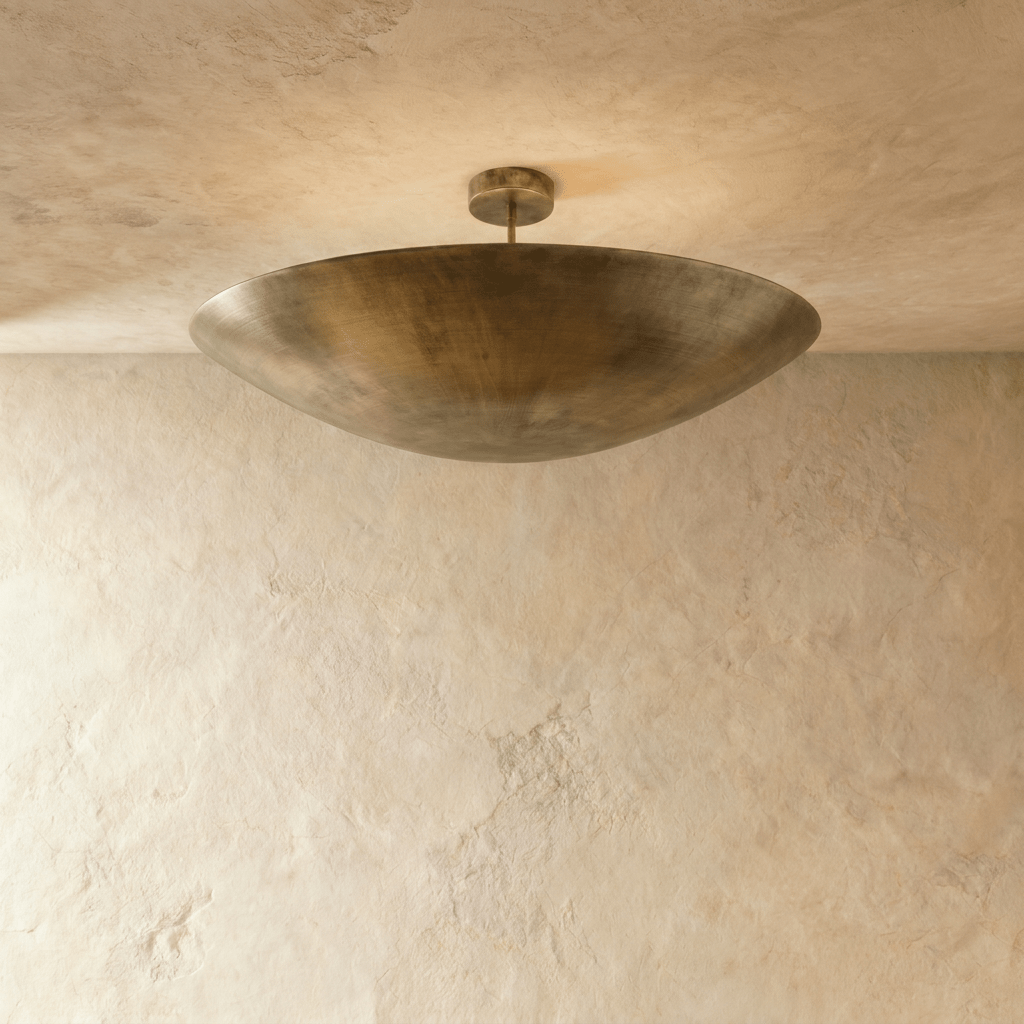 Clérachic ceiling light in vintage brass, its boat-shaped bowl shade mounted flush below a plaster ceiling.