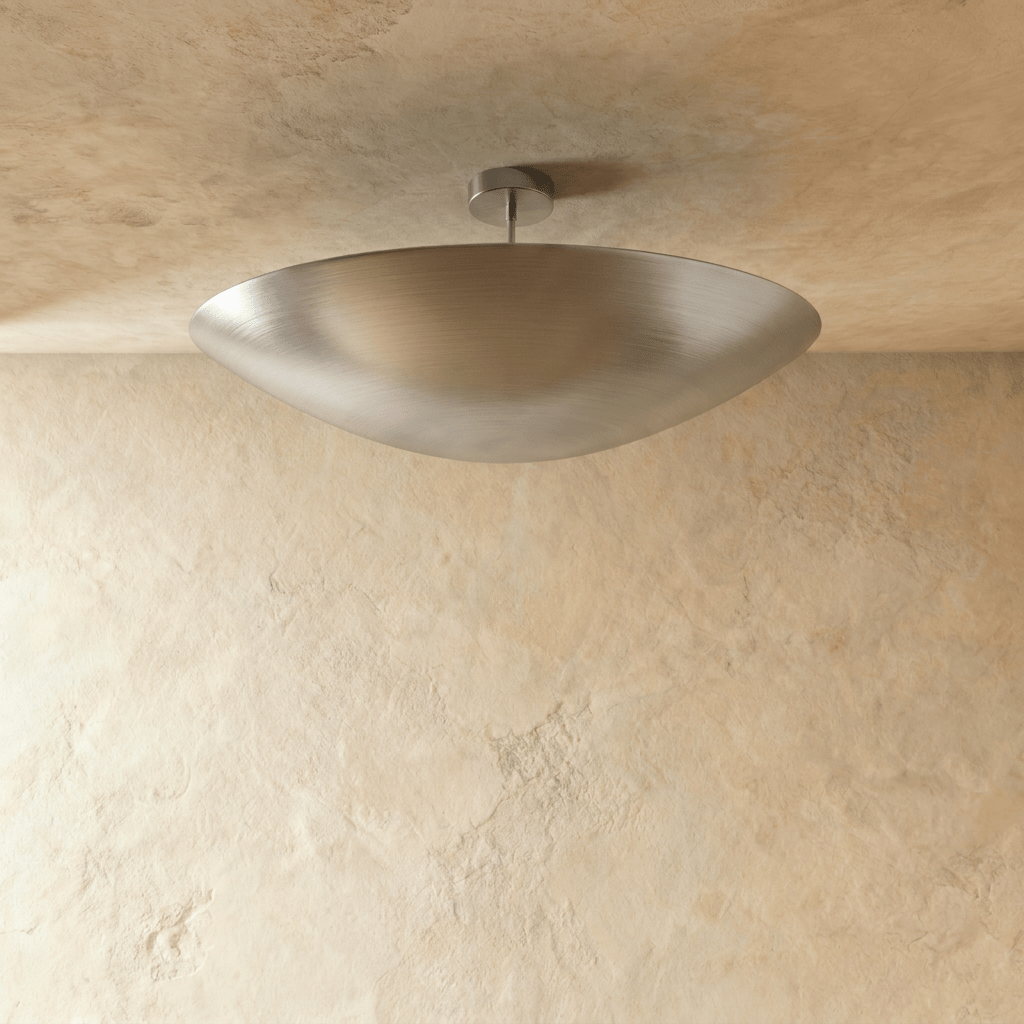 Clérachic ceiling light in chrome, the elongated bowl shade shown from another angle below the ceiling.