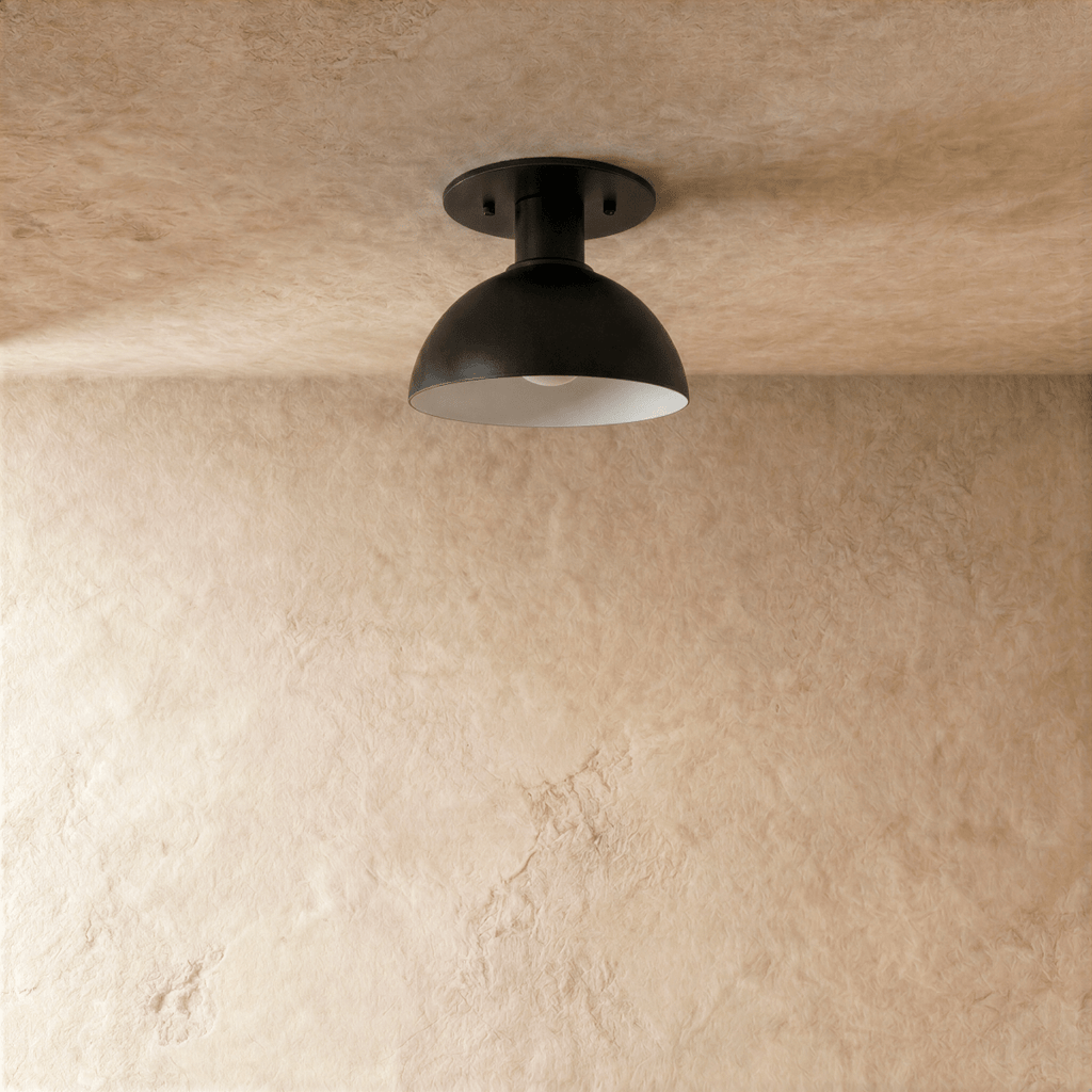 Clérachic ceiling light in matte black, close front view of the domed shade and round canopy.