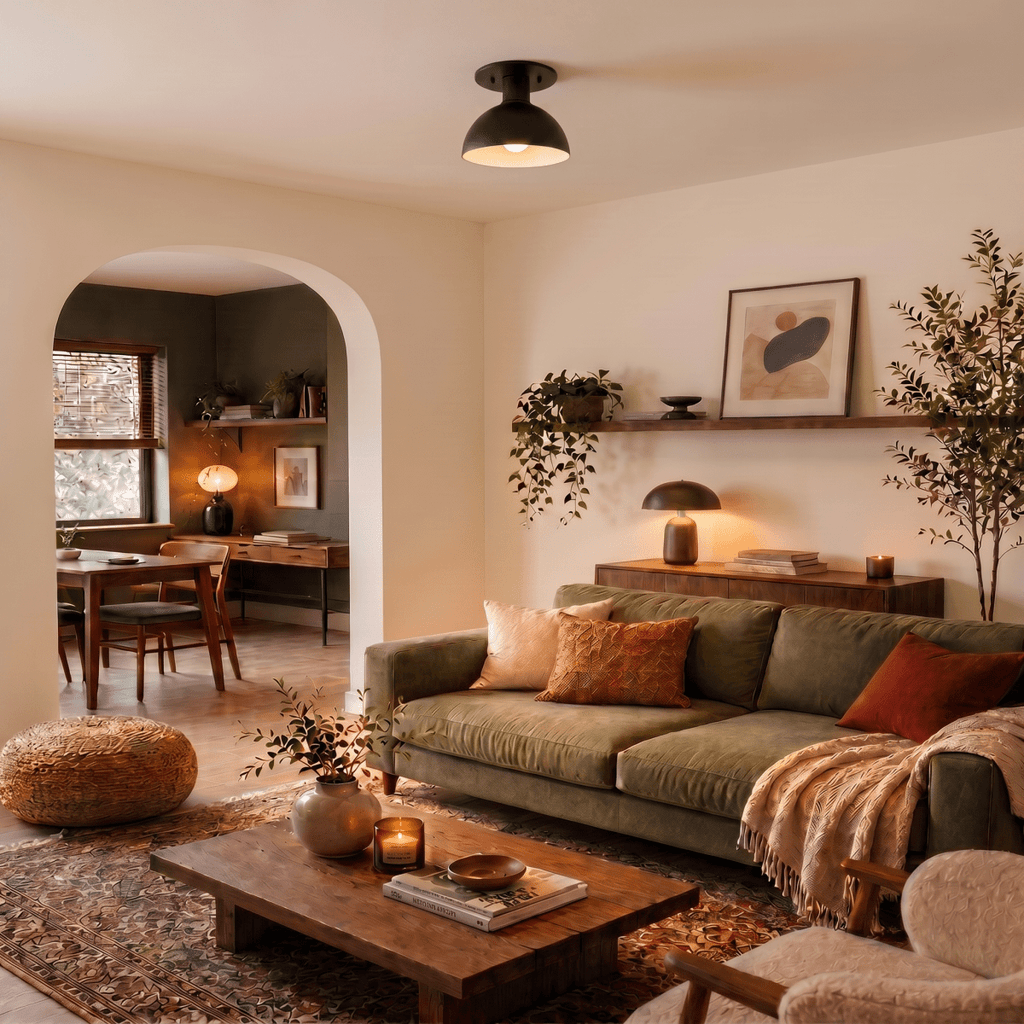 Clérachic ceiling light in matte black glowing above a living room with a green sofa and archway.