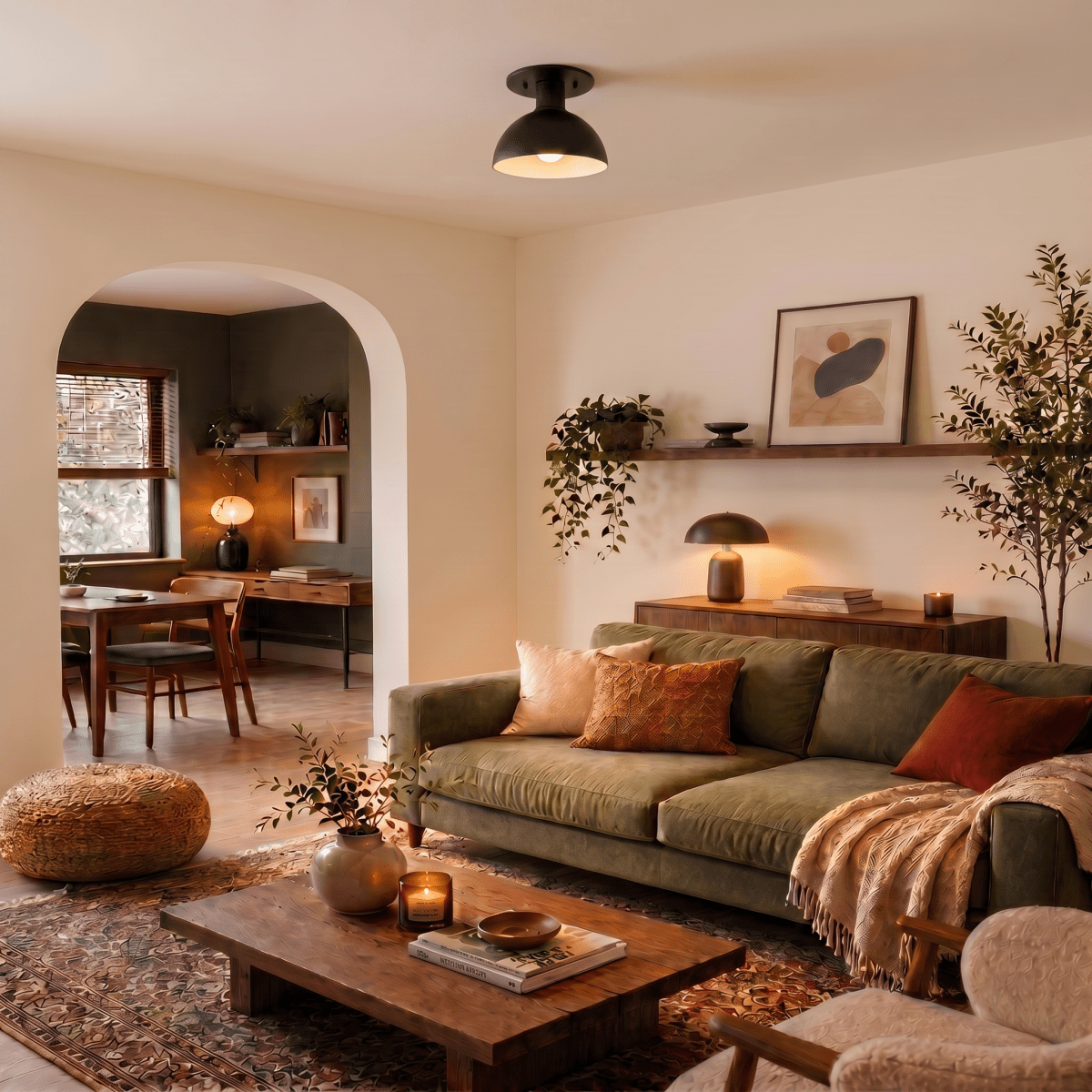Clérachic ceiling light in matte black glowing above a living room with a green sofa and archway.