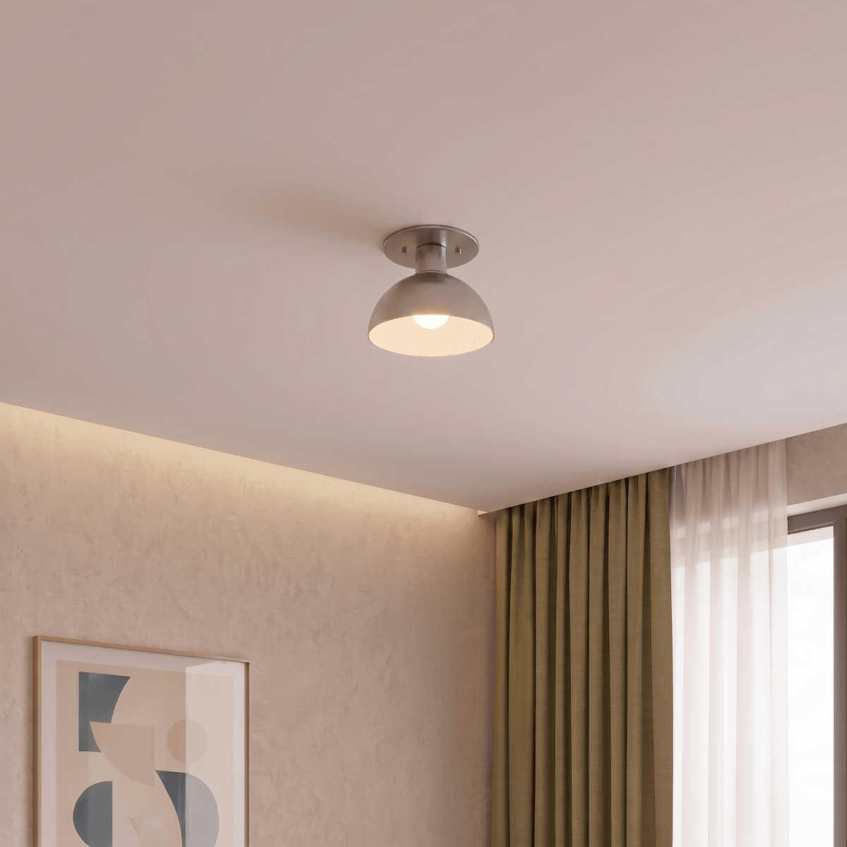 Clérachic ceiling light in chrome mounted in a corner near sheer curtains and a framed abstract print.