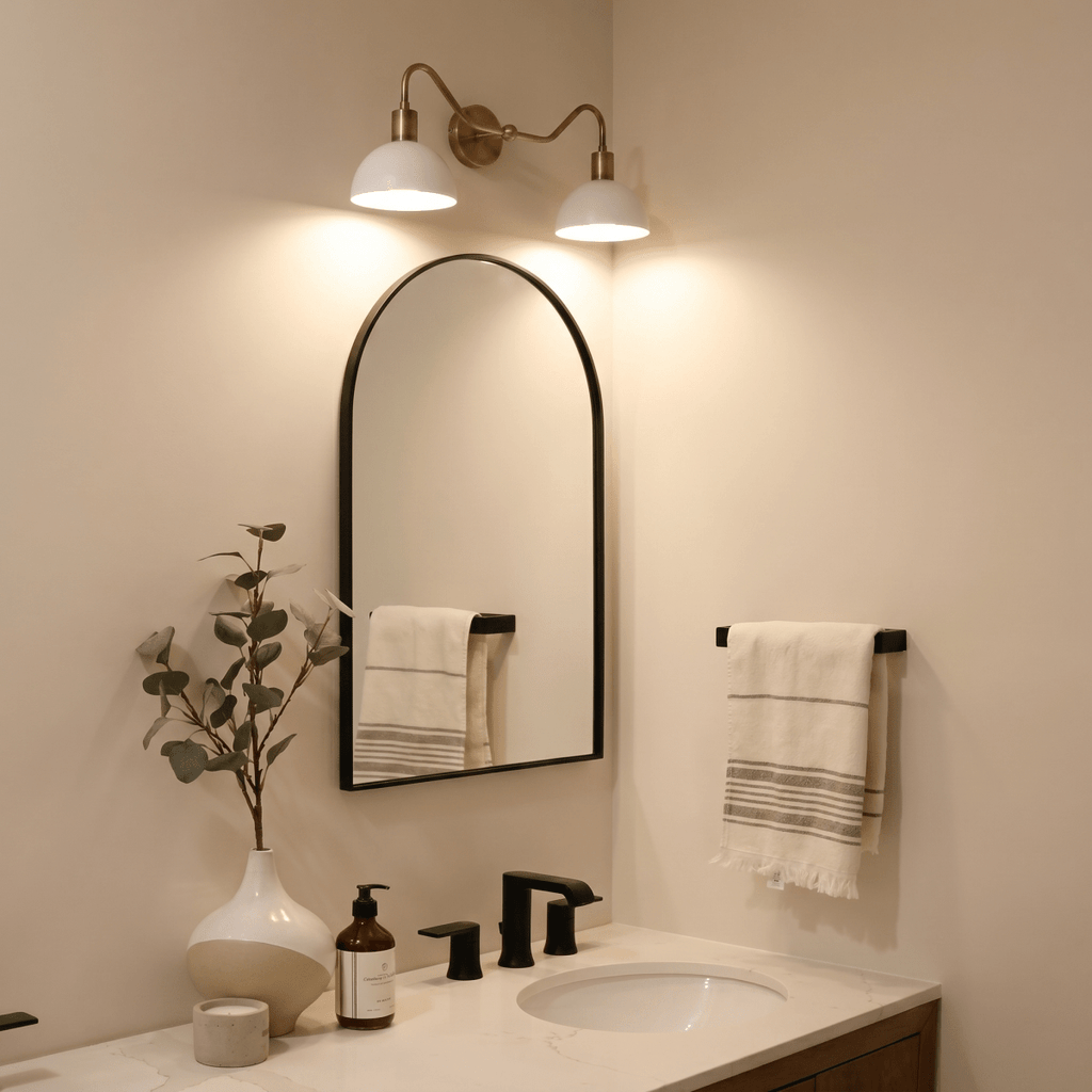Clérachic twin wall light above a black arched mirror in a corner bathroom, its domes lighting a stone-topped vanity set with an amber soap bottle and eucalyptus in a pale ceramic vase.