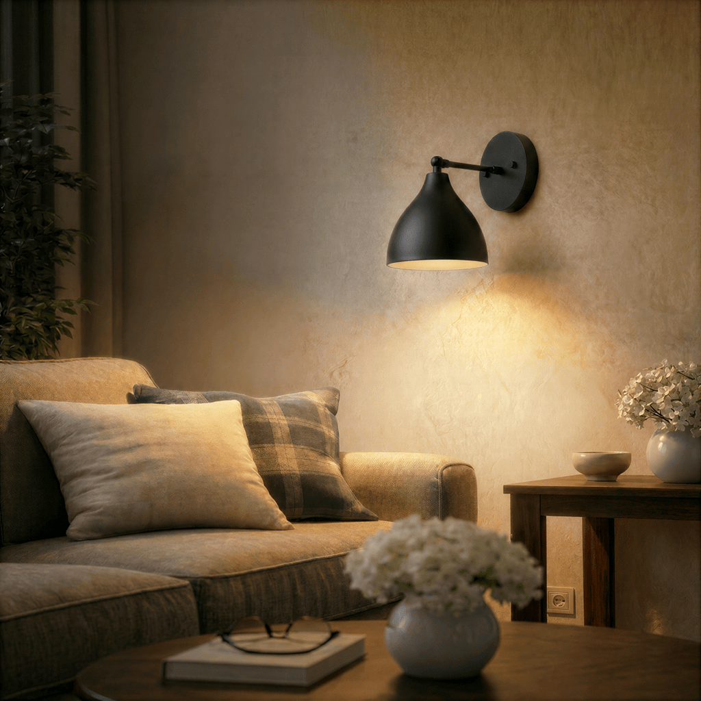 A black Clérachic wall lamp lights a sofa corner with plaid pillows and a coffee table of white blooms.