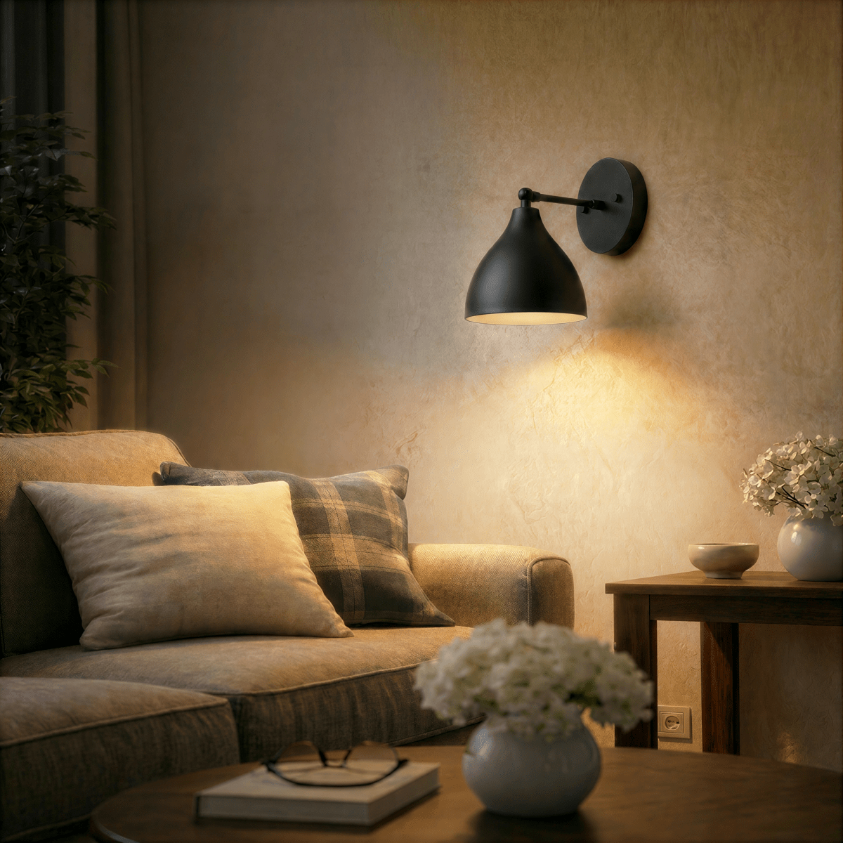 A black Clérachic wall lamp lights a sofa corner with plaid pillows and a coffee table of white blooms.