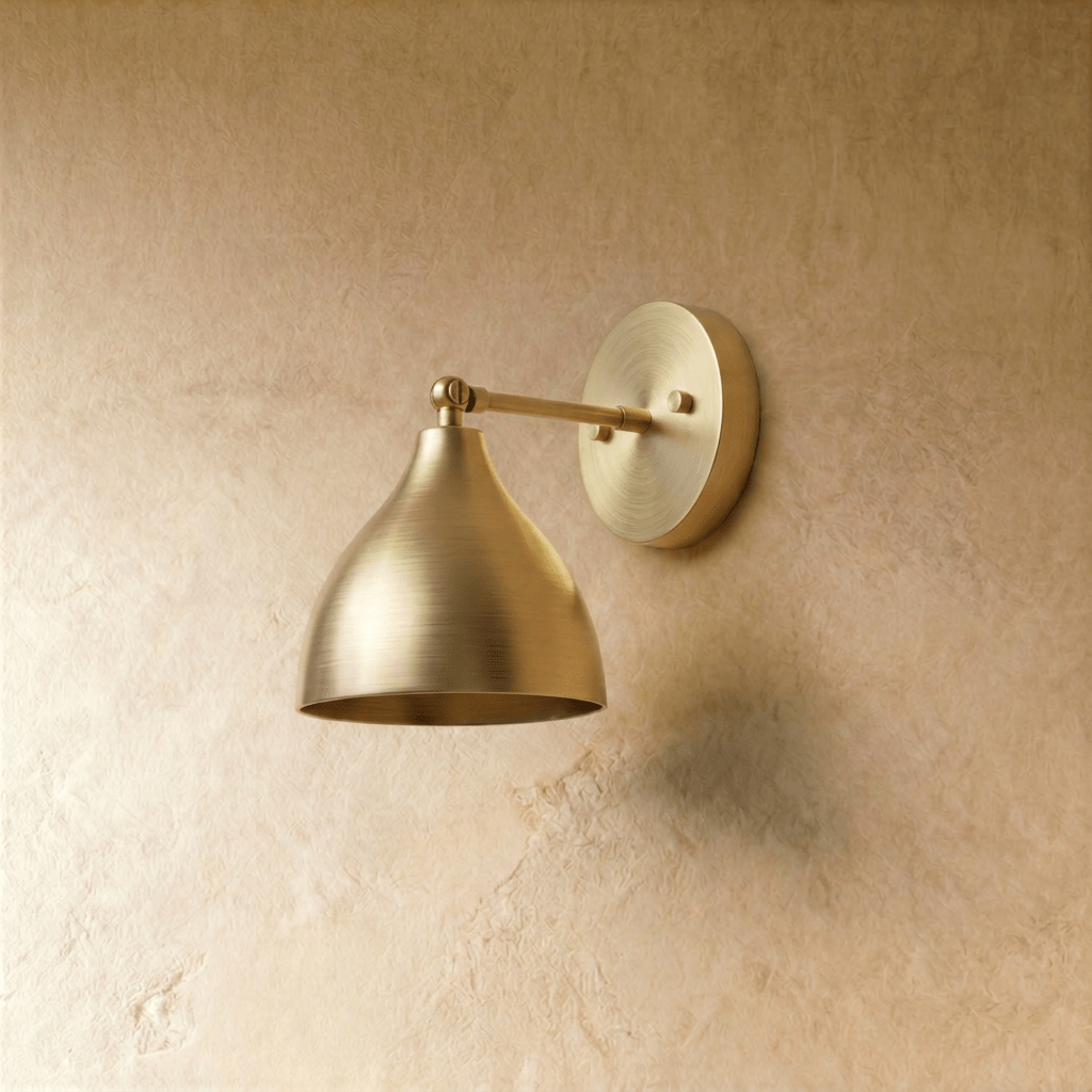 This vintage brass Clérachic wall lamp is shown from another angle, its bell shade tilted toward the light.