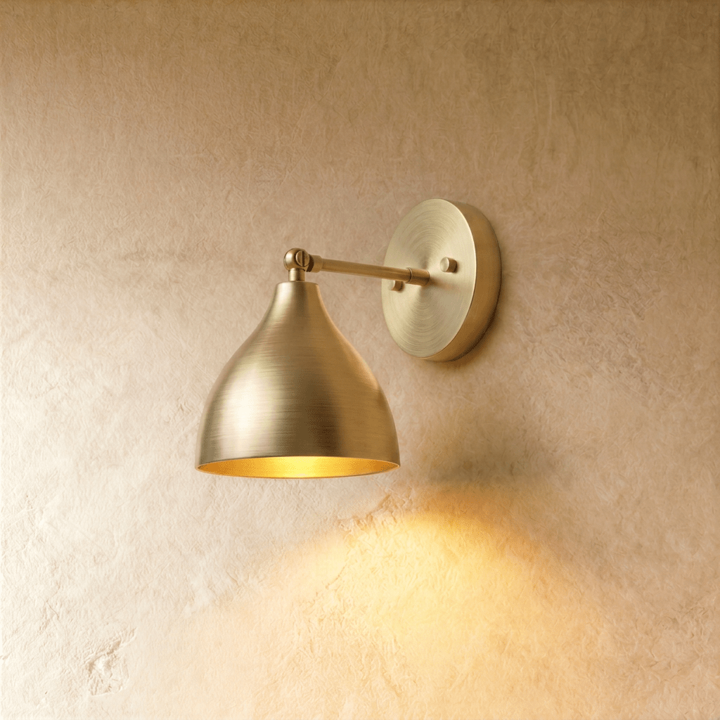 Clérachic wall lamp in vintage brass with a bell-shaped shade angled downward on a straight metal arm.